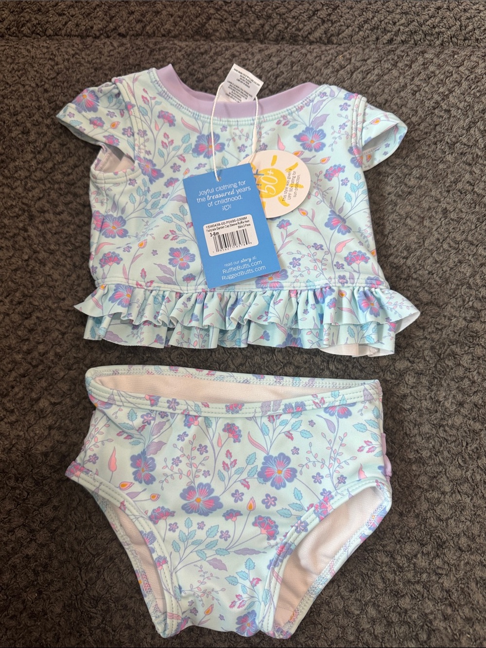 Ruffle Butts Light Blue Floral Ruffle Two-Piece Swim Set - Light Blue & Pink